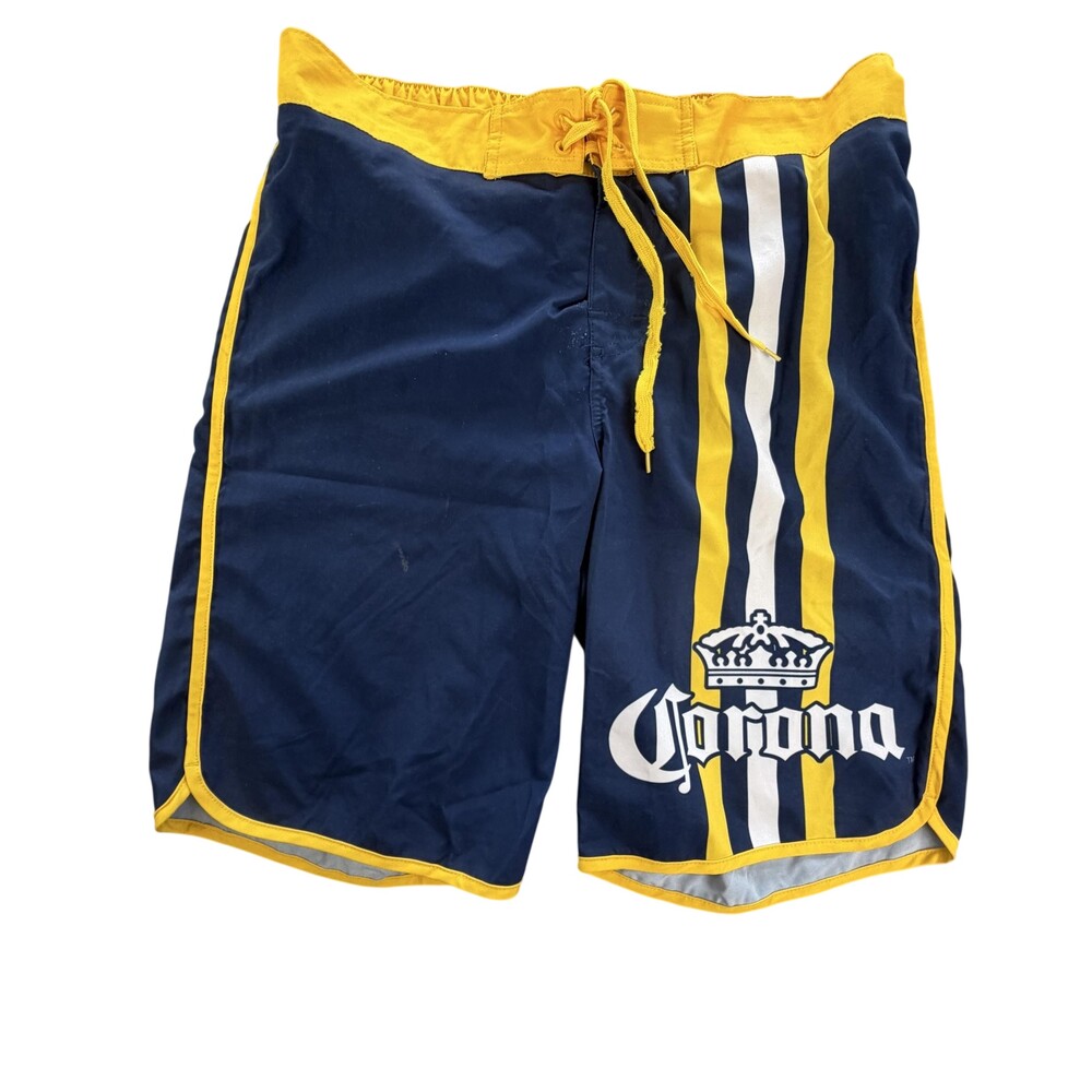 Corona Logo Shorts Mens Medium Blue Yellow Stripe Boardshort Swim Trunks